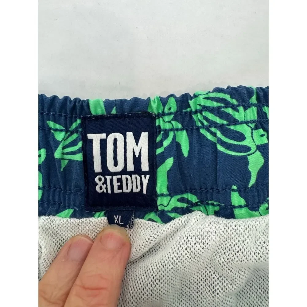 Tom & Teddy Swim Trunks Sea Turtle Print Men's Green Navy Board Shorts - Size XL